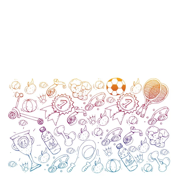 Векторний малюнок зі спортивними елементами. Фітнес, ігри, вправи. Піктограми Doodle у стилі малювання дітей — стоковий вектор