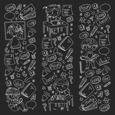 Çocuklar için İngilizce okulu. Dil öğren. Eğitim vektörü illüstrasyonu. Çocuklar karalama tarzı resim çiziyor.