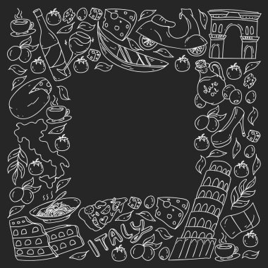 İtalya vektör elemanları ve simgeler. İtalyan kültürü, şehirler Roma, Venedik, Milano, peynir, şarap ile Doodle deseni.