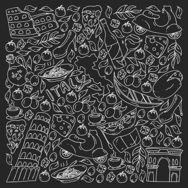 İtalya vektör elemanları ve simgeler. İtalyan kültürü, şehirler Roma, Venedik, Milano, peynir, şarap ile Doodle deseni.