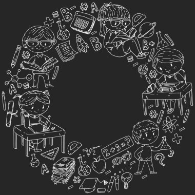 Okula dönüyoruz. Küçük çocuklar için vektör simgeleri ve elemanları, kolej. Doodle tarzı, çocuklar çizim