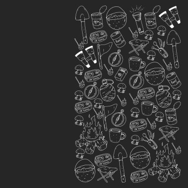 Kamp vektör Illustration. Seyahat, yürüyüş, Açık Hava Macerası