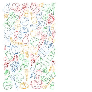 Sağlıklı gıda ve yemek. Meyve, sebze, ev için. Vektör set doodle.
