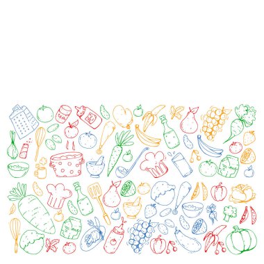 Sağlıklı gıda ve yemek. Meyve, sebze, ev için. Vektör set doodle.