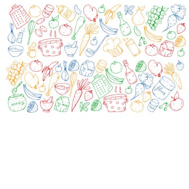 Sağlıklı gıda ve yemek. Meyve, sebze, ev için. Vektör set doodle.