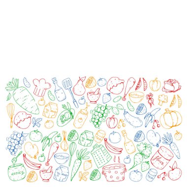 Sağlıklı gıda ve yemek. Meyve, sebze, ev için. Vektör set doodle.