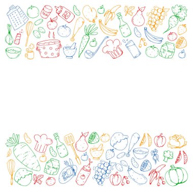 Sağlıklı gıda ve yemek. Meyve, sebze, ev için. Vektör set doodle.