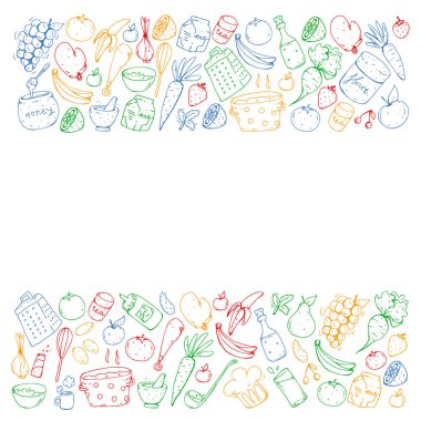 Sağlıklı gıda ve yemek. Meyve, sebze, ev için. Vektör set doodle.
