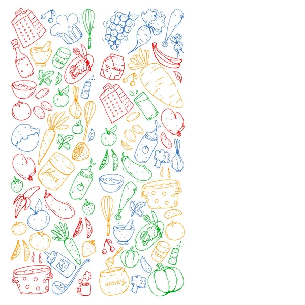 健康食品と料理します。果物、野菜、家庭。落書きベクトルを設定. — ストックベクタ