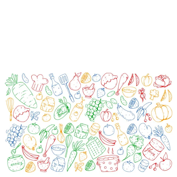 Gesunde Ernährung und Kochen. Obst, Gemüse, Haushalt. Doodle-Vektor-Set. — Stockvektor