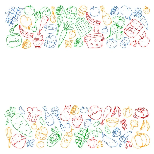 Gezond eten en koken. Fruit, groenten, huishouden. Doodle vector set. — Stockvector