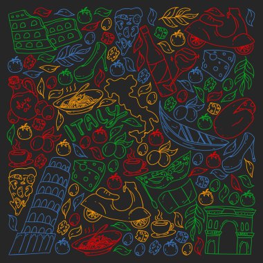 İtalya vektör elemanları ve simgeler. İtalyan kültürü, şehirler Roma, Venedik, Milano, peynir, şarap ile Doodle deseni.