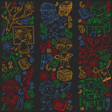 Okula dönüyoruz. Küçük çocuklar için vektör simgeleri ve elemanları, kolej. Doodle tarzı, çocuklar çizim