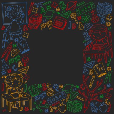 Okula dönüyoruz. Küçük çocuklar için vektör simgeleri ve elemanları, kolej. Doodle tarzı, çocuklar çizim