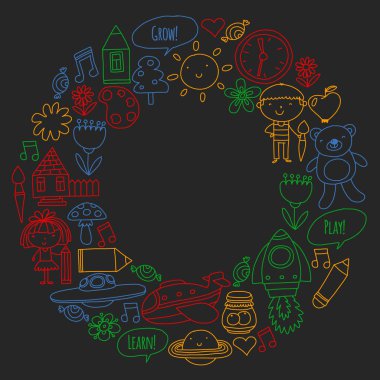 Vektör simgeleri ve öğeleri. Anaokulu, oyuncaklar. Küçük çocuklar oynamak, öğrenmek, birlikte büyümek.