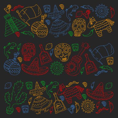 Meksika 'ya seyahat. Vektör duvar kağıtları, arka planlar için etnik elemets ile ayarlayın. Ölü günü