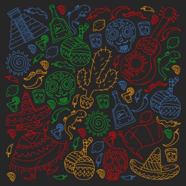 Meksika 'ya seyahat. Vektör duvar kağıtları, arka planlar için etnik elemets ile ayarlayın. Ölü günü