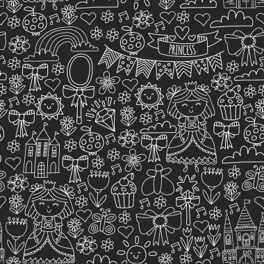 Küçük kızlar için vektör deseni. Mutlu Doğum günü partisi için Prenses illüstrasyon.