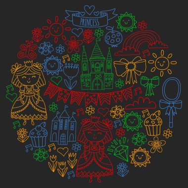 Küçük kızlar için vektör deseni. Mutlu Doğum günü partisi için Prenses illüstrasyon.