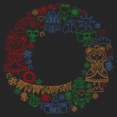 Küçük kızlar için vektör deseni. Mutlu Doğum günü partisi için Prenses illüstrasyon.