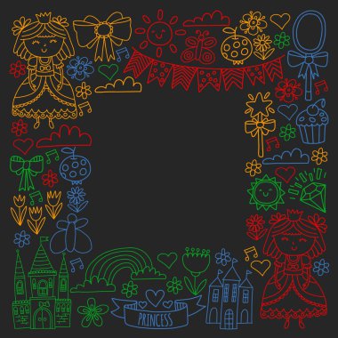 Küçük kızlar için vektör deseni. Mutlu Doğum günü partisi için Prenses illüstrasyon.