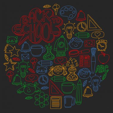 Küçük öğrenciler ile okul simgeleri ile vektör deseni. Çocuk eğitim kimya, yaratıcılık, matematik, fizik, cebir, geometri, biyoloji, coğrafya, astronomi.