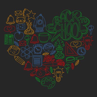 Küçük öğrenciler ile okul simgeleri ile vektör deseni. Çocuk eğitim kimya, yaratıcılık, matematik, fizik, cebir, geometri, biyoloji, coğrafya, astronomi.