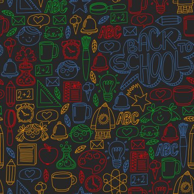 Küçük öğrenciler ile okul simgeleri ile vektör deseni. Çocuk eğitim kimya, yaratıcılık, matematik, fizik, cebir, geometri, biyoloji, coğrafya, astronomi.