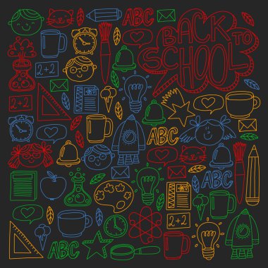 Küçük öğrenciler ile okul simgeleri ile vektör deseni. Çocuk eğitim kimya, yaratıcılık, matematik, fizik, cebir, geometri, biyoloji, coğrafya, astronomi.