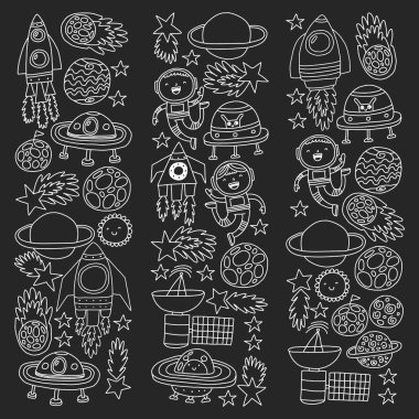 Boşluk simgeleri, gezegenler, uzay gemisi, yıldızlar, kuyruklu yıldızları, roketler, uzay mekiği, uçan daire ile vektör deseni.