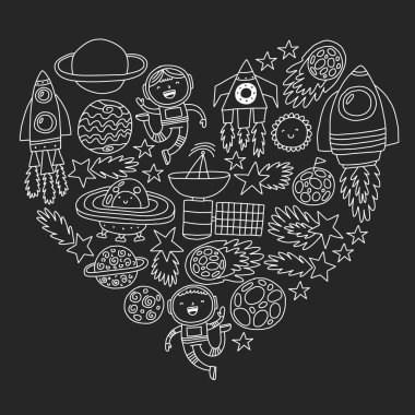 Boşluk simgeleri, gezegenler, uzay gemisi, yıldızlar, kuyruklu yıldızları, roketler, uzay mekiği, uçan daire ile vektör deseni.