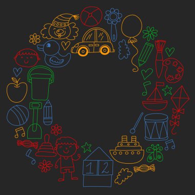 Anaokulu anaokulu çocukları. Çocuklar stil vektör modeli çiziyor. Birlikte büyümeyi öğrenin..