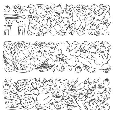İtalya vektör elemanları ve simgeler. İtalyan kültürü, şehirler Roma, Venedik, Milano, peynir, şarap ile Doodle deseni.