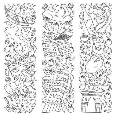 İtalya vektör elemanları ve simgeler. İtalyan kültürü, şehirler Roma, Venedik, Milano, peynir, şarap ile Doodle deseni.