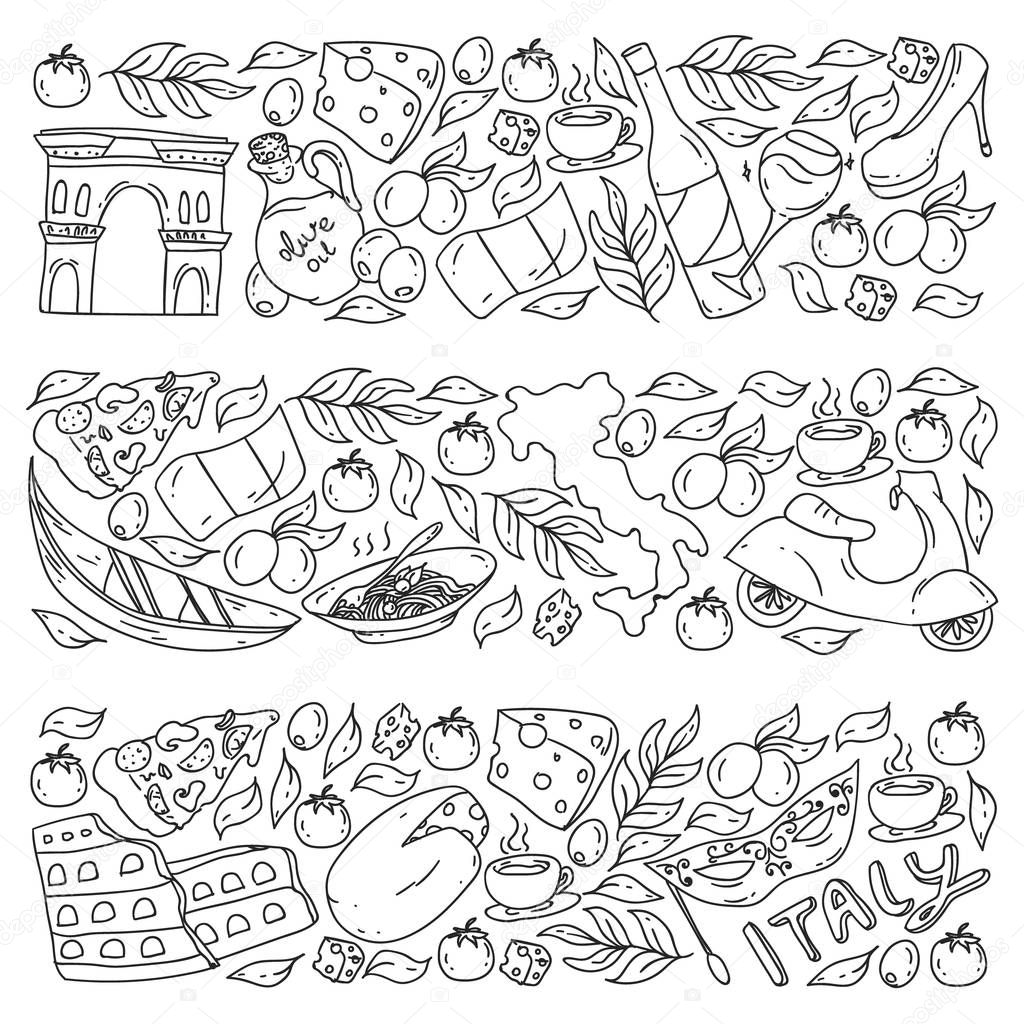 Italy vector elements and icons. Doodle pattern with italian culture, cities Roma, Venice, Milan, cheese, wine.