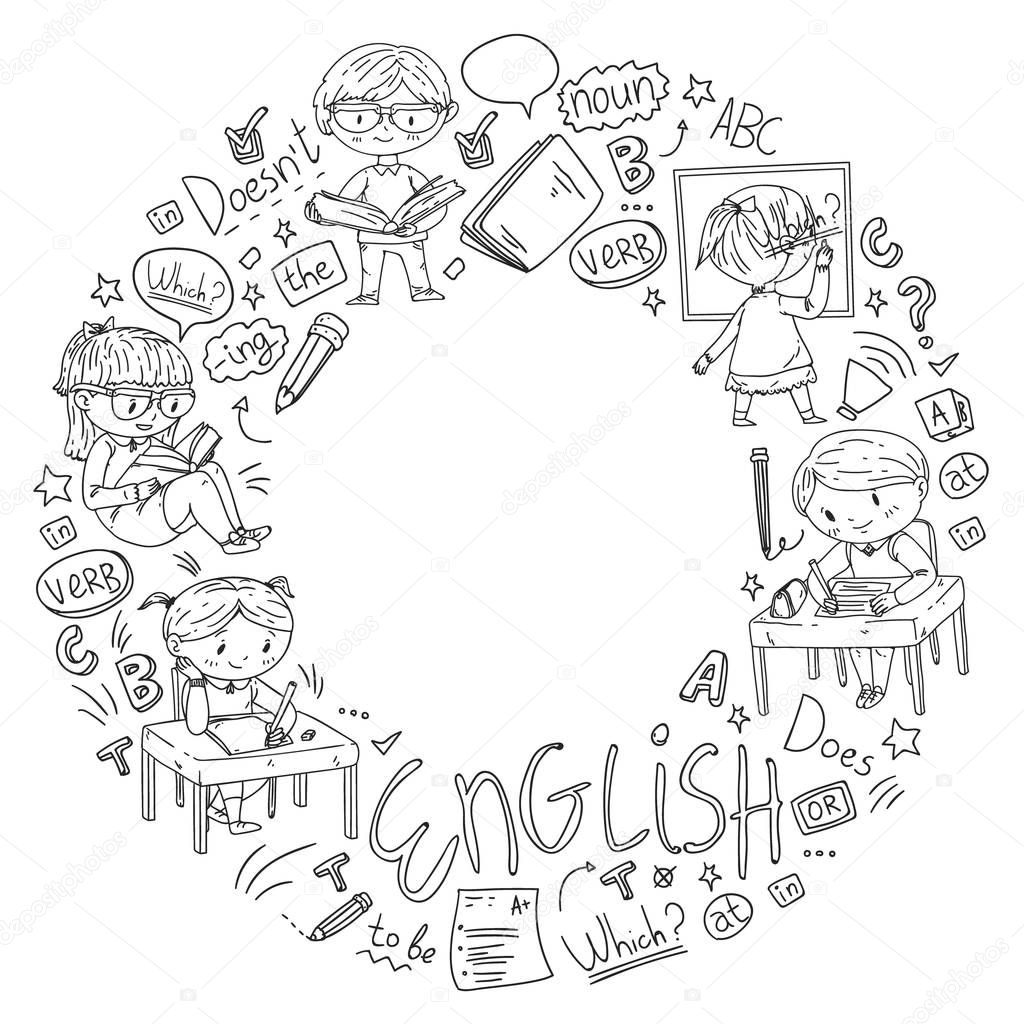 English school for children. Learn language. Education vector illustration. Kids drawing doodle style image.