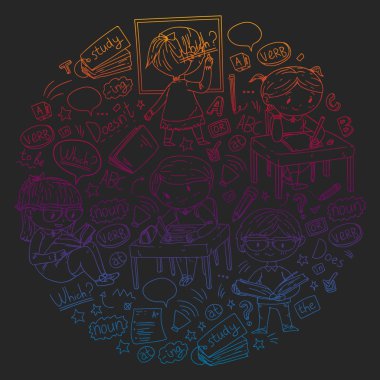 Çocuklar için İngilizce okulu. Dil öğren. Eğitim vektörü illüstrasyonu. Çocuklar karalama tarzı resim çiziyor.