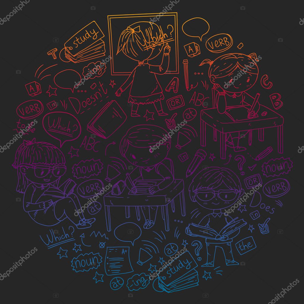 Escuela de inglés para niños. Aprende el idioma. Ilustración del vector ...