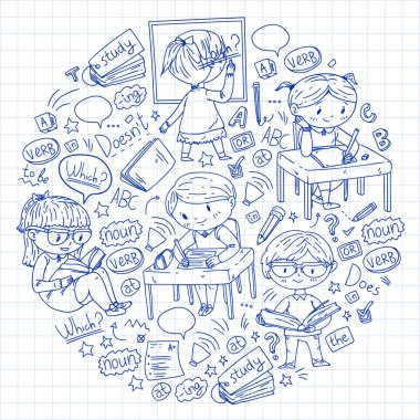 Çocuklar için İngilizce okulu. Dil öğren. Eğitim vektörü illüstrasyonu. Çocuklar karalama tarzı resim çiziyor.