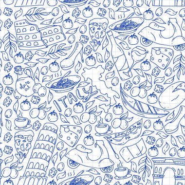 İtalya vektör elemanları ve simgeler. İtalyan kültürü, şehirler Roma, Venedik, Milano, peynir, şarap ile Doodle deseni.