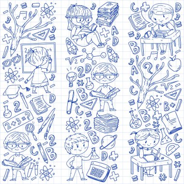 Okula dönüyoruz. Küçük çocuklar için vektör simgeleri ve elemanları, kolej. Doodle tarzı, çocuklar çizim