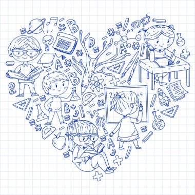 Okula dönüyoruz. Küçük çocuklar için vektör simgeleri ve elemanları, kolej. Doodle tarzı, çocuklar çizim