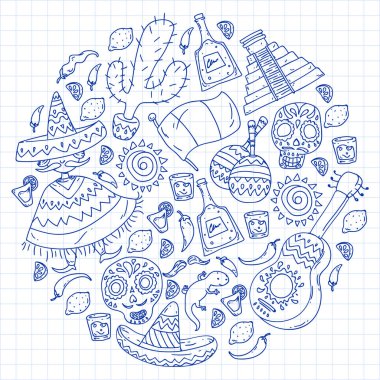 Meksika 'ya seyahat. Vektör duvar kağıtları, arka planlar için etnik elemets ile ayarlayın. Ölü günü