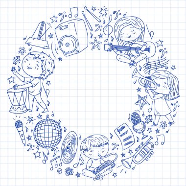 Çocuklar müzik çalın. Müzik eğitimi, tiyatro, okul.