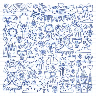 Küçük kızlar için vektör deseni. Mutlu Doğum günü partisi için Prenses illüstrasyon.