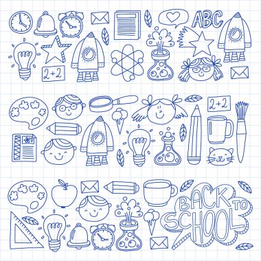 Küçük öğrenciler ile okul simgeleri ile vektör deseni. Çocuk eğitim kimya, yaratıcılık, matematik, fizik, cebir, geometri, biyoloji, coğrafya, astronomi.