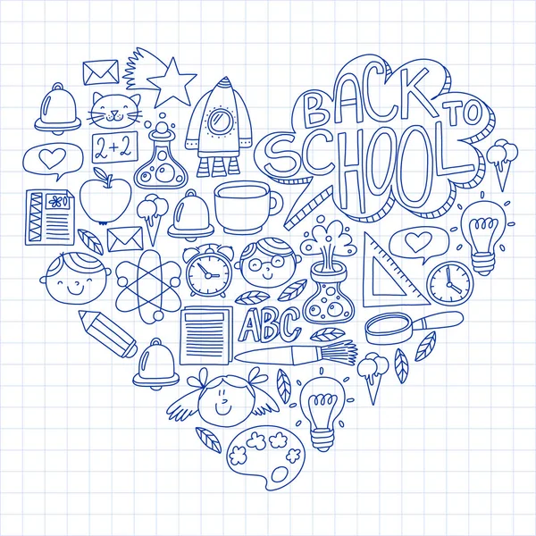 Schema vettoriale con icone scolastiche con piccoli studenti. I bambini studiano chimica, creatività, matematica, fisica, algebra, geometria, biologia, geografia, astronomia . — Vettoriale Stock