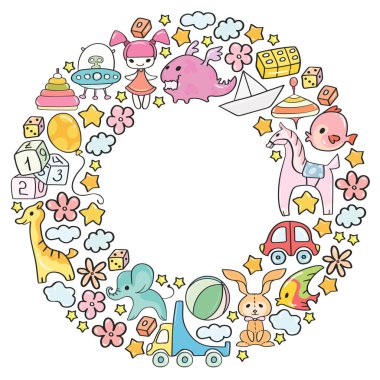 Çocuk oyuncakları ile vektör deseni. Küçük çocuklar için Doodle tarzında anaokulu elemanları. Eğitim, oyun, büyümek