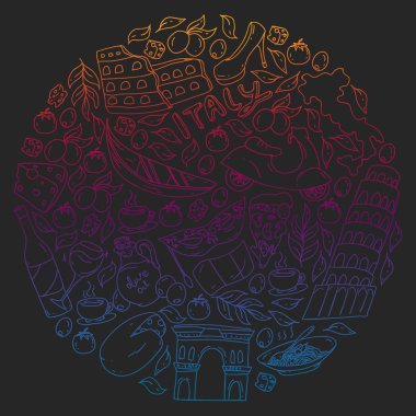 İtalya vektör elemanları ve simgeler. İtalyan kültürü, şehirler Roma, Venedik, Milano, peynir, şarap ile Doodle deseni.