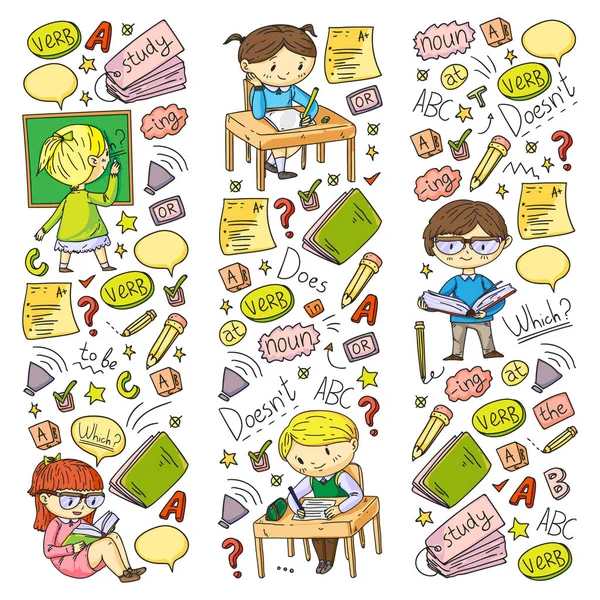 Escola de inglês para crianças. Aprenda linguagem. Ilustração vetorial educação. Crianças desenho imagem estilo doodle . —  Vetores de Stock